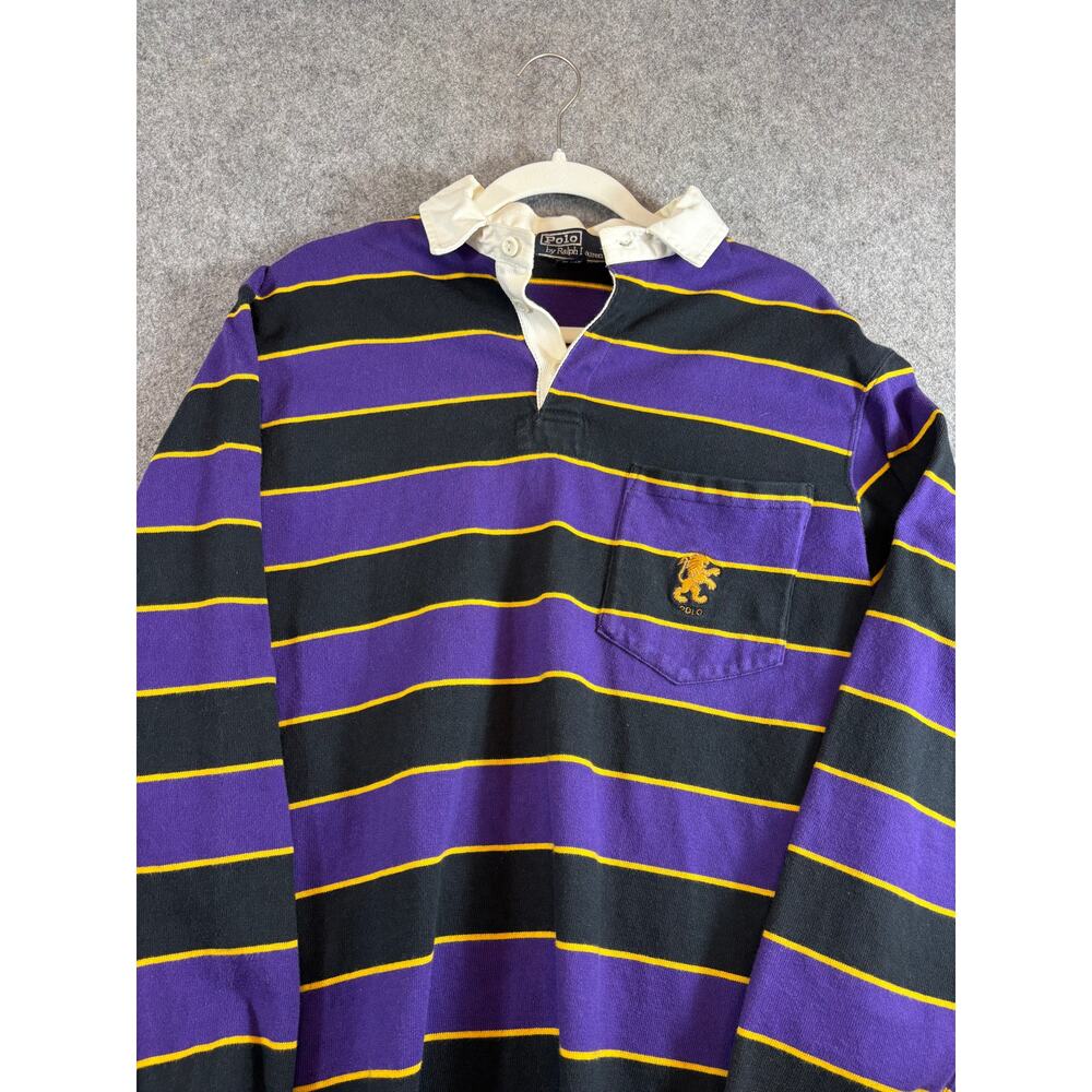 Vintage 90s Polo Ralph Lauren Rugby Shirt Mens Purple Black Striped USA Large